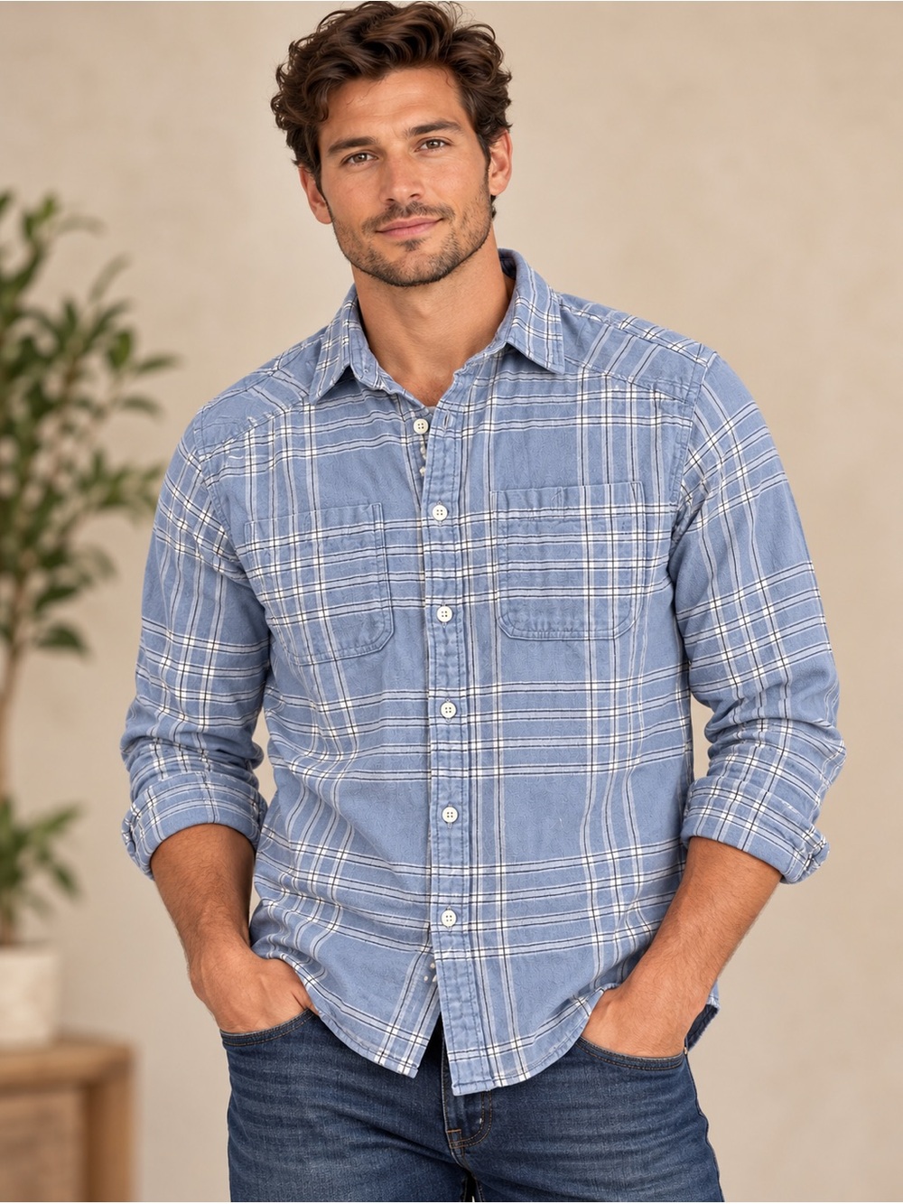GAP Untucked Men’s Medium Blue Plaid Long Sleeve Button Up Shirt